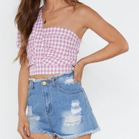 NWT Nasty Gal Pink Gingham One Shoulder Crop Top - Picture 2 of 7